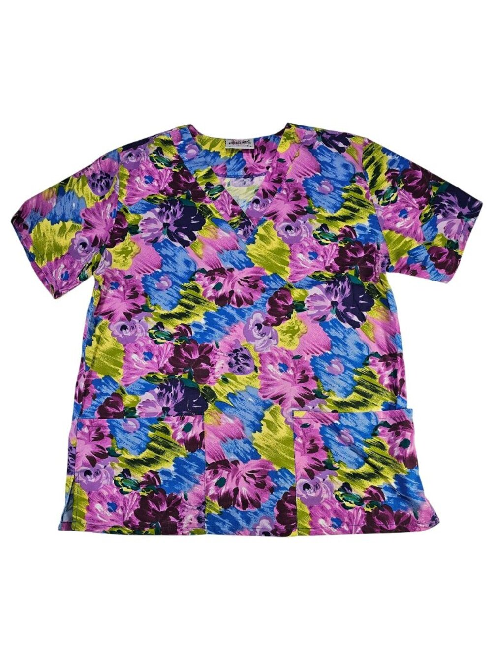 Jasco Scrub Shirt Top Women's Size M Medium - Purple Yellow Blue Floral Print